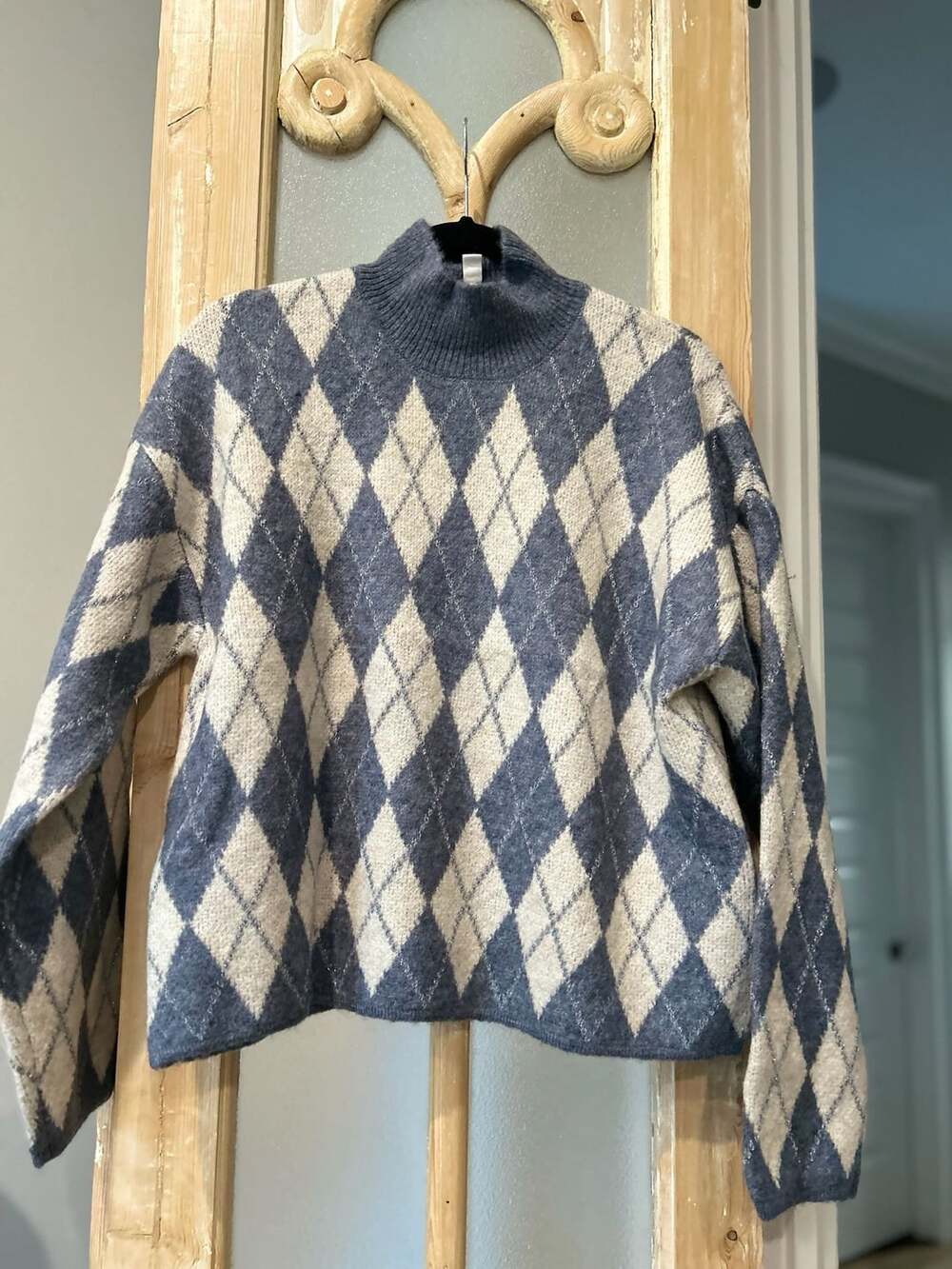 B.Young Argyle Mock Neck Sweater Size L Blue Beige Wool Alpaca Blend
